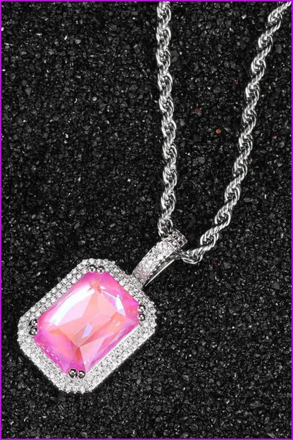 Bling Fluorescent Square Gemstone Pendant Necklace DC330 - Furdela