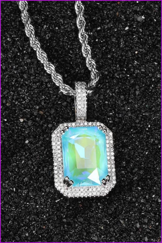 Bling Fluorescent Square Gemstone Pendant Necklace DC330 - Furdela