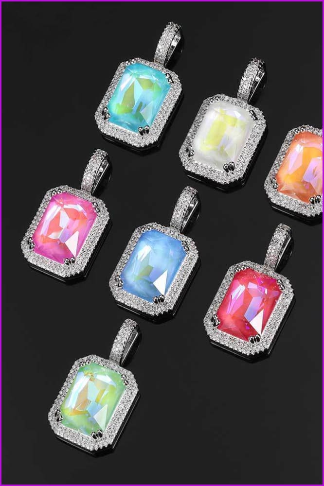 Bling Fluorescent Square Gemstone Pendant Necklace DC330 - Furdela