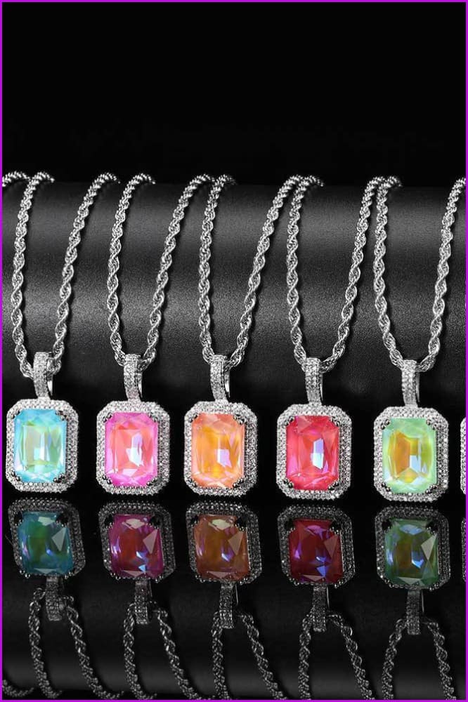 Bling Fluorescent Square Gemstone Pendant Necklace DC330 - Furdela