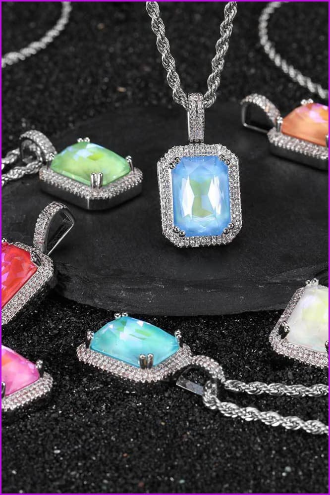 Bling Fluorescent Square Gemstone Pendant Necklace DC330 - Furdela