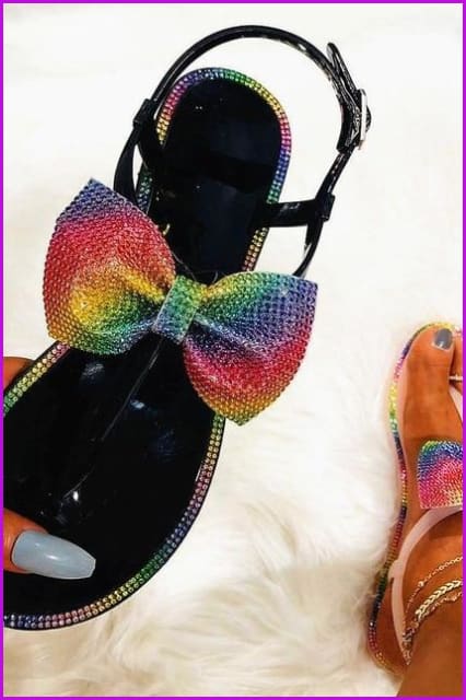 Bling Rainbow Crystal Bow Slippers Jelly Sandals Flat Slides DE241 - Furdela