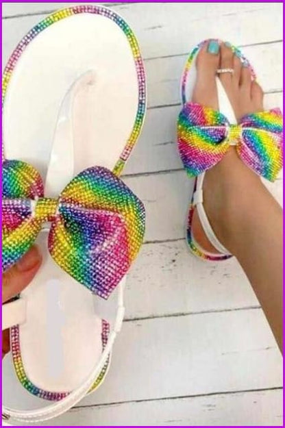 Bling Rainbow Crystal Bow Slippers Jelly Sandals Flat Slides DE241 - Furdela