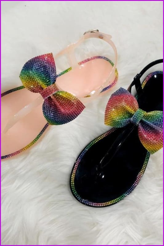 Bling Rainbow Crystal Bow Slippers Jelly Sandals Flat Slides DE241 - Furdela