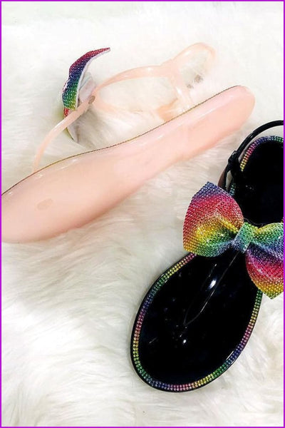 Bling Rainbow Crystal Bow Slippers Jelly Sandals Flat Slides DE241 - Furdela