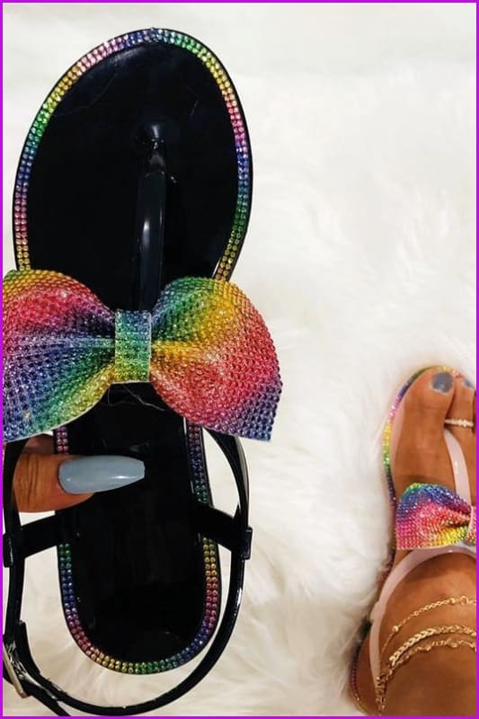 Bling Rainbow Crystal Bow Slippers Jelly Sandals Flat Slides DE241 - Furdela