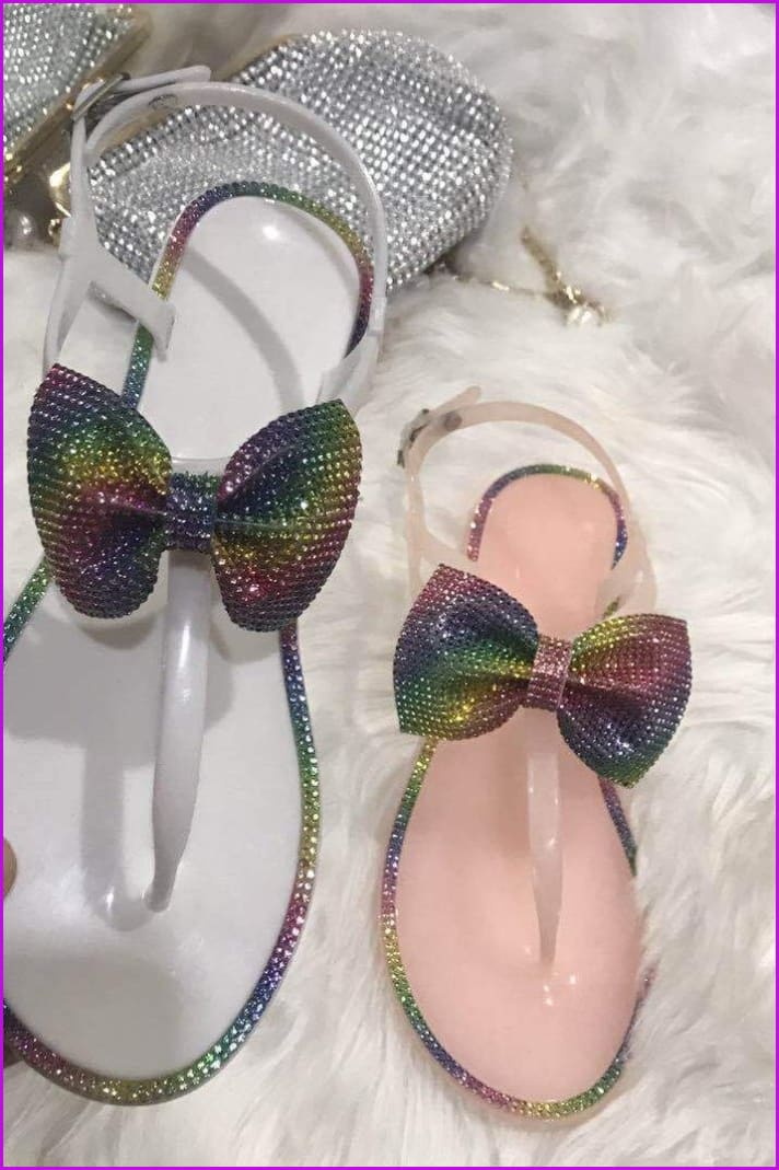 Bling Rainbow Crystal Bow Slippers Jelly Sandals Flat Slides DE241 - Furdela