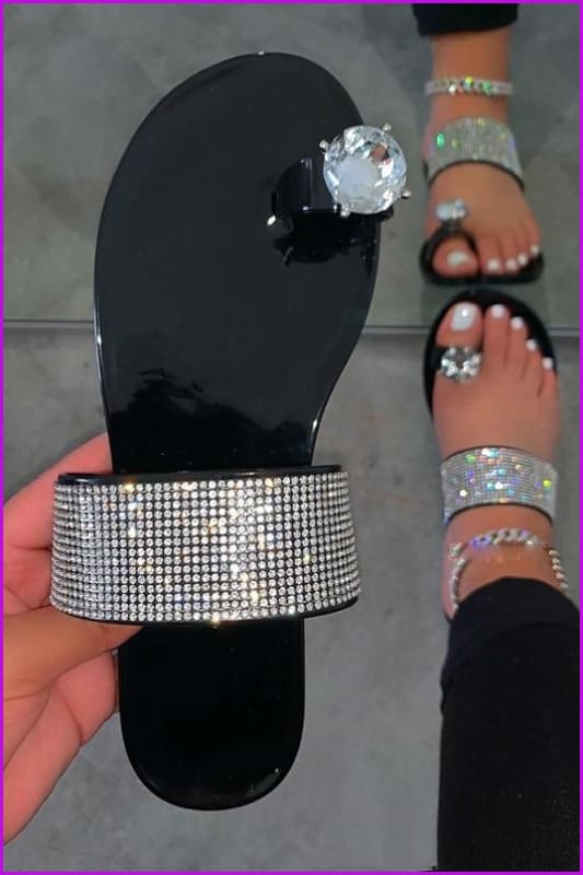 Bling Rhinestone Beach Sandals Waterproof Flat Slippers F2290 - Furdela