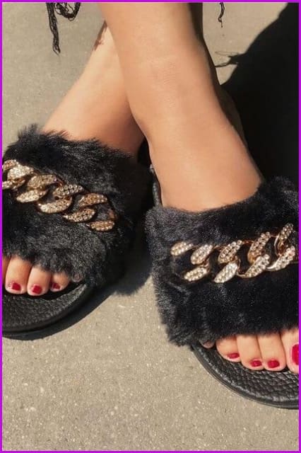 Bling Rhinestone Flip Flops Winter Warm Casual Fur Slides DE237 - Furdela