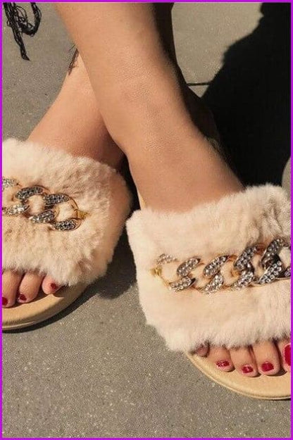 Bling Rhinestone Flip Flops Winter Warm Casual Fur Slides DE237 - Furdela