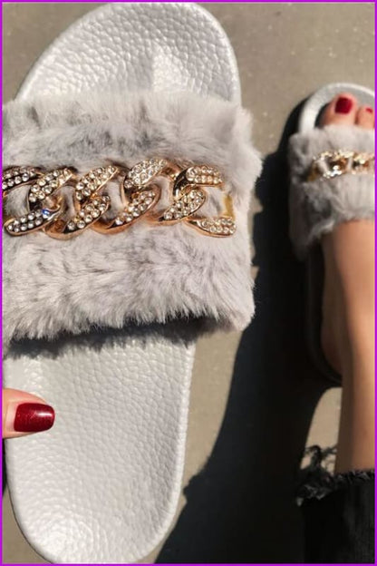 Bling Rhinestone Flip Flops Winter Warm Casual Fur Slides DE237 - Furdela