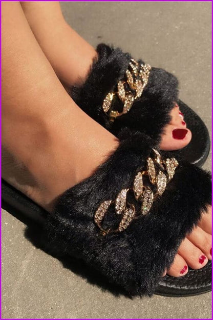 Bling Rhinestone Flip Flops Winter Warm Casual Fur Slides DE237 - Furdela