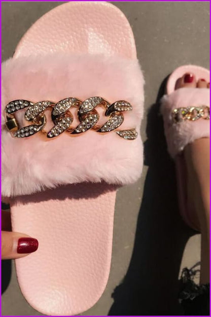 Bling Rhinestone Flip Flops Winter Warm Casual Fur Slides DE237 - Furdela