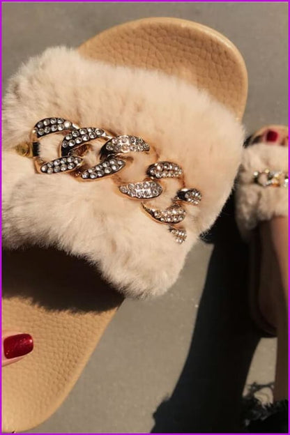 Bling Rhinestone Flip Flops Winter Warm Casual Fur Slides DE237 - Furdela