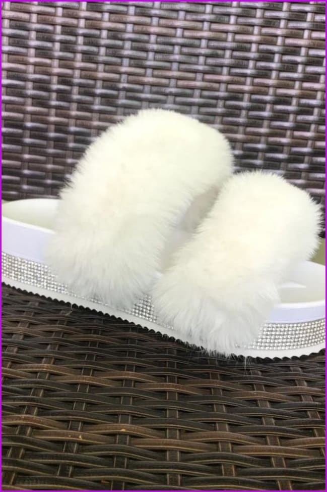 Bling Slide Sandals Plush Casual Slippers Furry Slides F1194 - Furdela