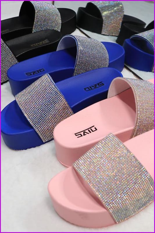 Blue Bling High Heel Beach Sandals Platform Slipper F686 - Furdela