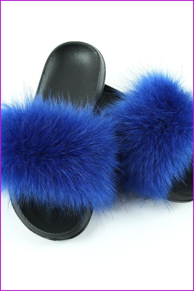 Blue Faux Fake Big Fur Slides F152 - Furdela