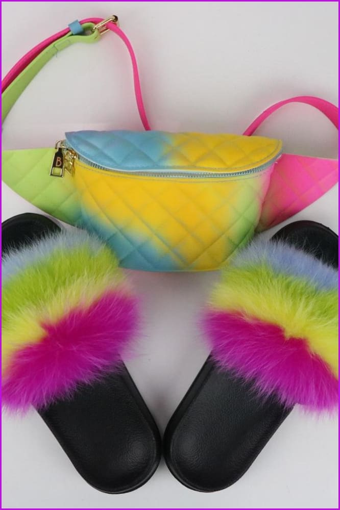Blue Green Yellow Pink Fur Slides & Waist Bag Set #11 F952 - Furdela