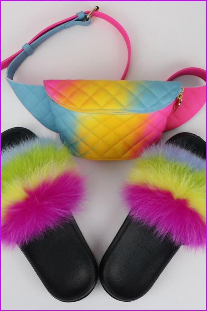 Blue Green Yellow Pink Fur Slides & Waist Bag Set #6 F952 - Furdela