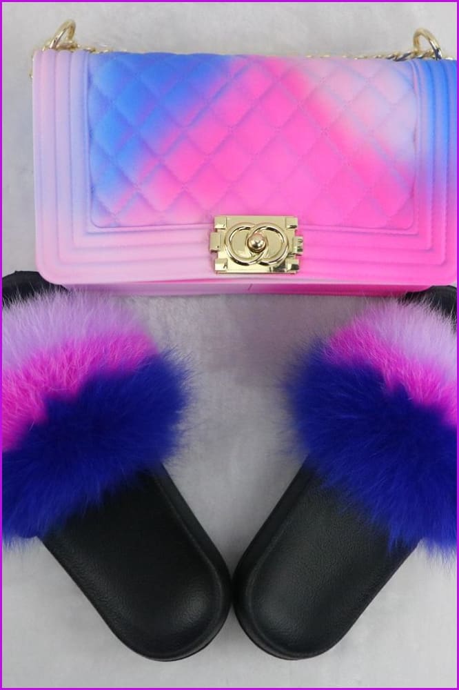 Blue Hot Pink Purple Fur Slides & Bag Set F727 B03 - Furdela