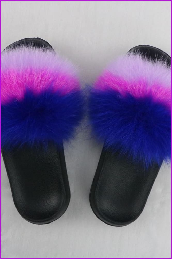 Blue Hot Pink Purple Mixed Fur Slides F726-03 - Furdela