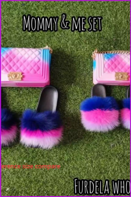 Blue Pink Purple Kids Fluffy Slides & Purse Set #3 F873 - Furdela