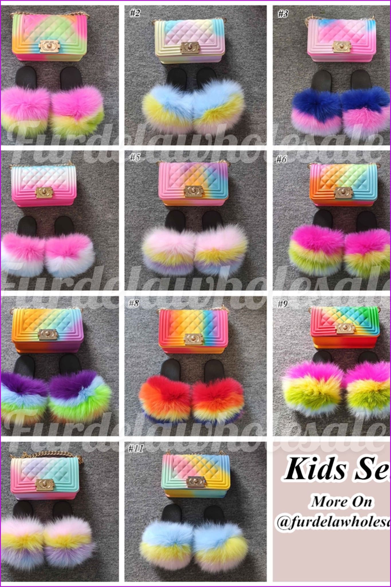 Blue Pink Purple Kids Fluffy Slides & Purse Set #3 F873 - Furdela