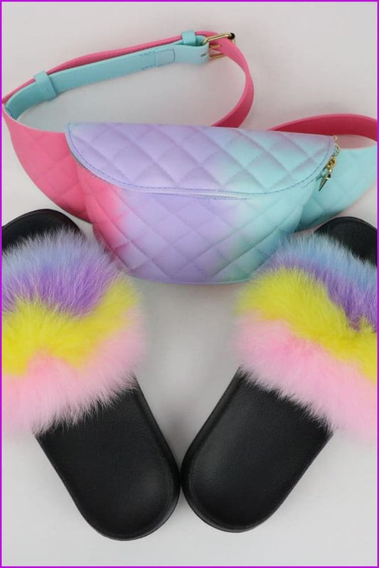 Blue Purple Yellow Pink Fur Slides & Waist Bag Set #10 F952 - Furdela