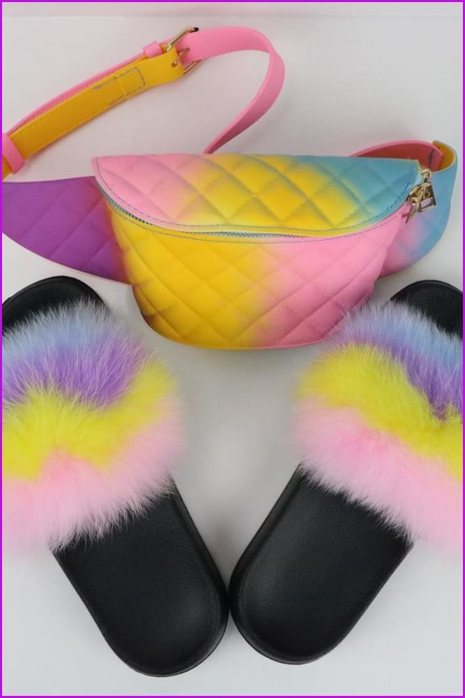 Blue Purple Yellow Pink Fur Slides & Waist Bag Set #5 F952 - Furdela