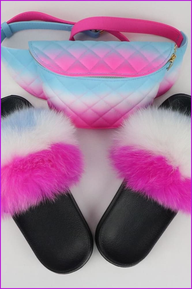 Blue White Pink Fur Slides & Waist Bag Set #4 F952 - Furdela
