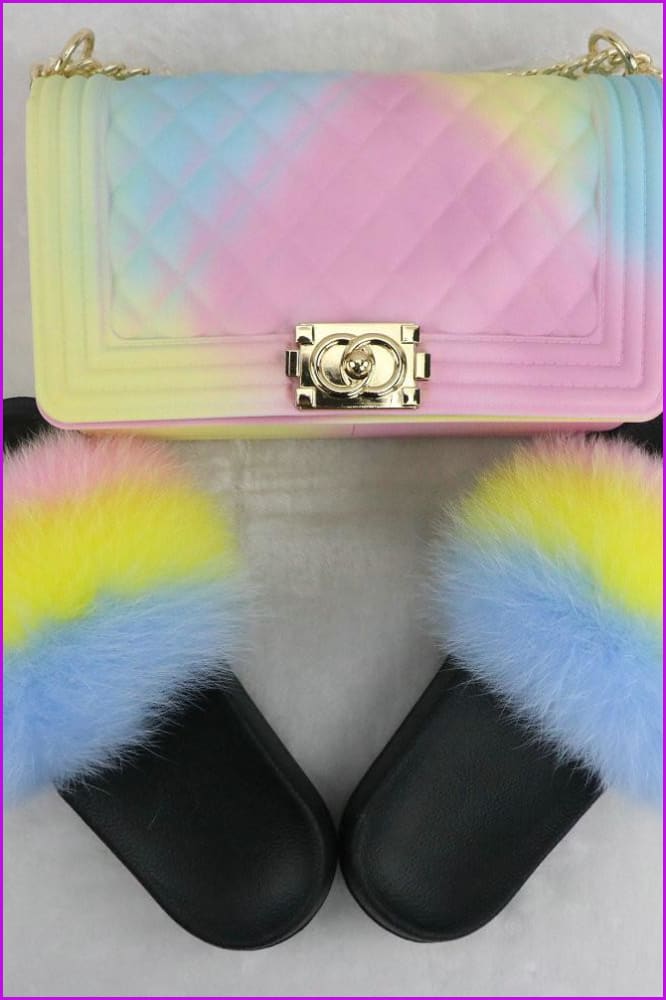 Blue Yellow Pink Fur Slides & Bag Set F727 B02 - Furdela
