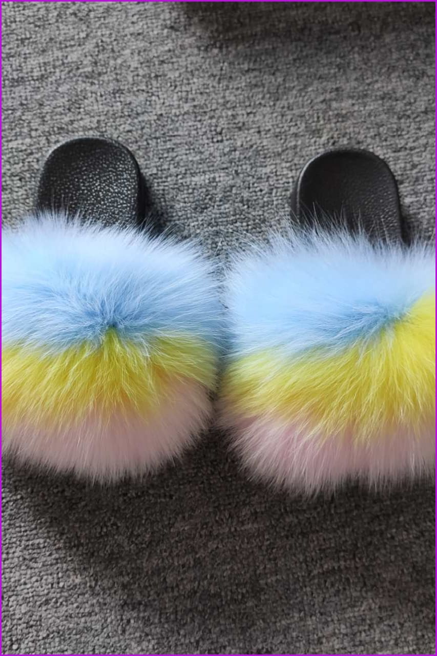 Blue Yellow Pink Kids Fluffy Slides #2 F923 - Furdela