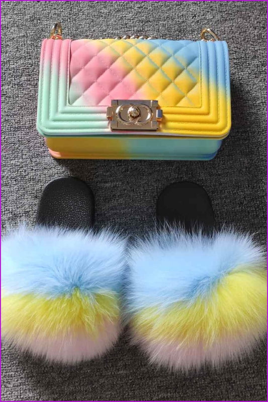 Blue Yellow Pink Kids Fluffy Slides & Purse Set #11 F873 - Furdela