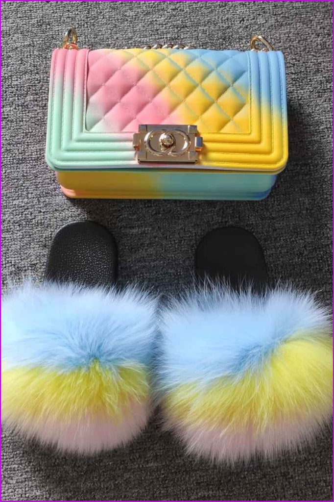 Blue Yellow Pink Kids Fluffy Slides & Purse Set #11 F873 - Furdela