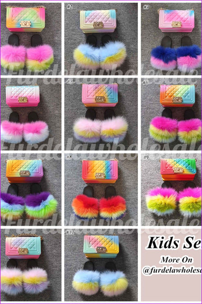 Blue Yellow Pink Kids Fluffy Slides & Purse Set #11 F873 - Furdela