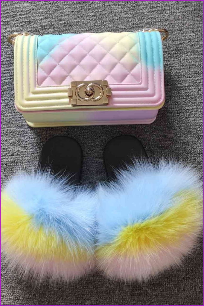 Blue Yellow Pink Kids Fluffy Slides & Purse Set #2 F873 - Furdela