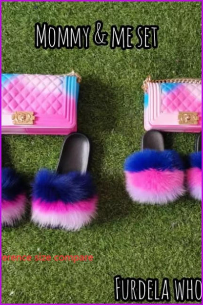 Blue Yellow Pink Kids Fluffy Slides & Purse Set #2 F873 - Furdela