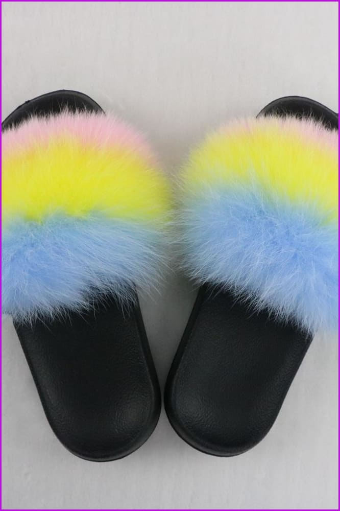 Blue Yeloow Pink Mixed Fur Slides F726-02 - Furdela