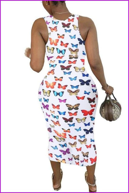 Butterfly Print Sleeveless V-neck Bodycon Party Dress F1191 - Furdela