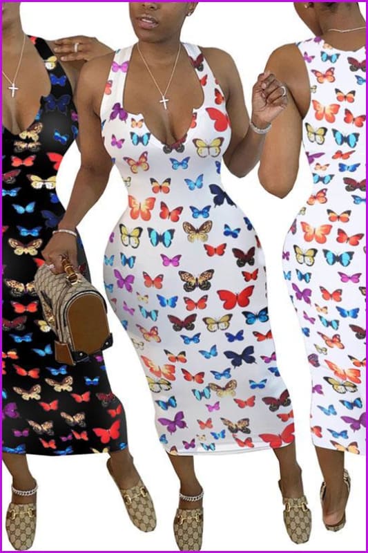 Butterfly Print Sleeveless V-neck Bodycon Party Dress F1191 - bronxriverempiregardens