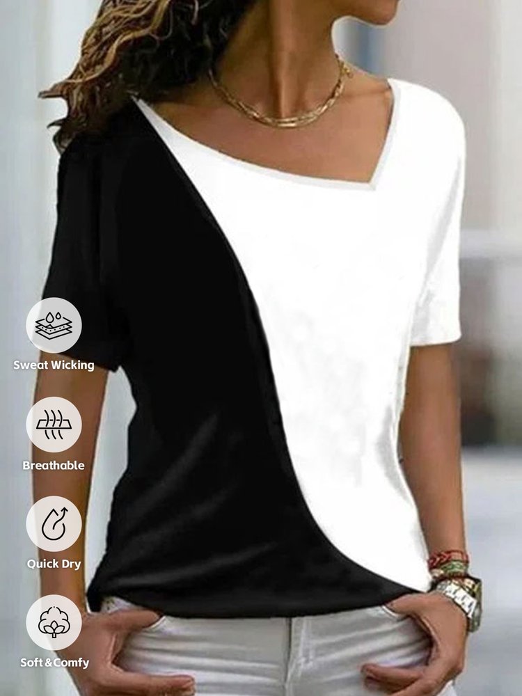 Color Block Casual Regular Fit Square Neck T-Shirt  cc179