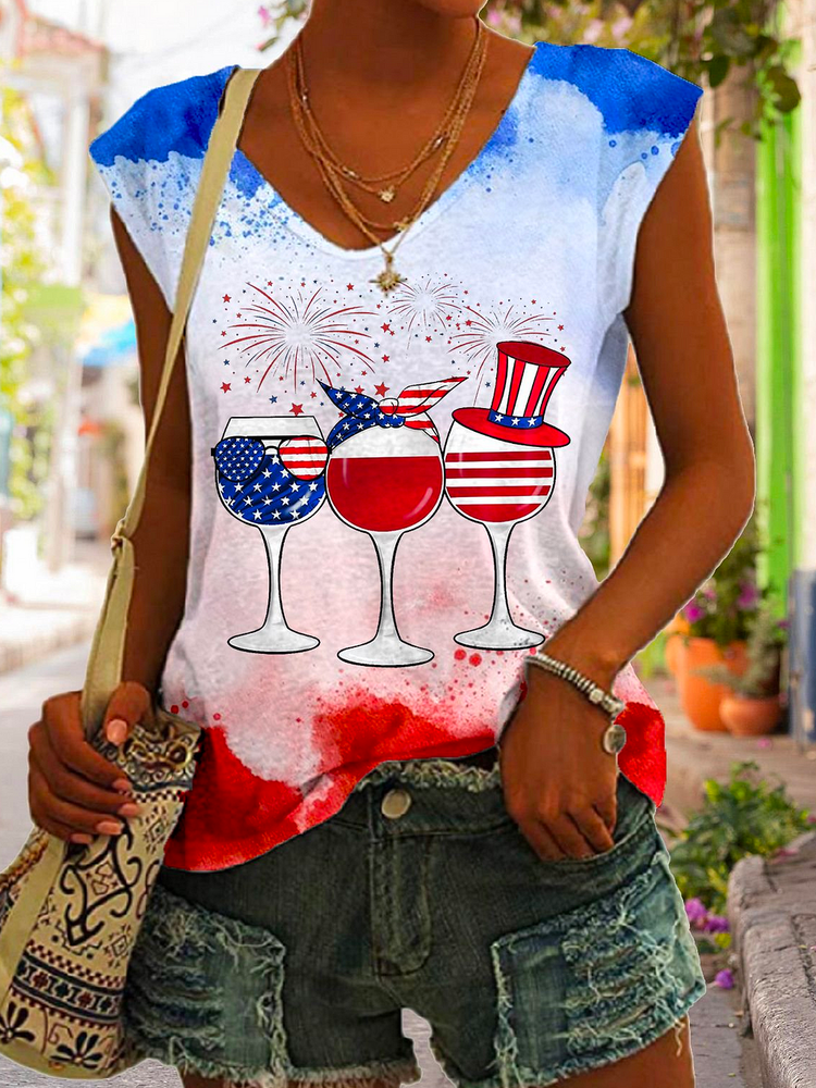 Casual Loose V Neck Women's American Flag Wine Glass Print Tank Top  WS1