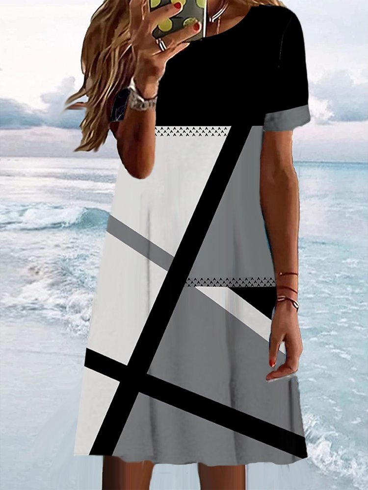 Color Block Casual Loose Crew Neck Dress  WE91