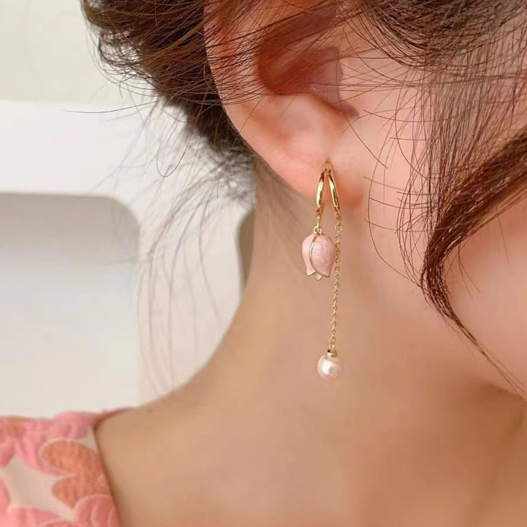 Pink tulip fringe long pearl earrings - Furdela