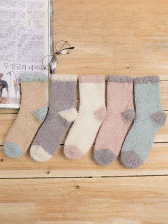 Casual Coral Fleece Contrast Color Socks Autumn Winter Thickened Warm Accessories VT86