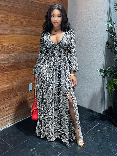 Cobra Print Cut Out High Split A Line Dress AR8012