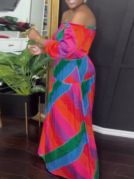 Plus Size Off The Shoulder Mixed Print Loose Dress AT9048