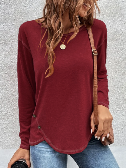 Casual Plain Autumn Cross Neck Micro-Elasticity Jersey Standard Regular H-Line Tunic T-Shirt for Women QAL47