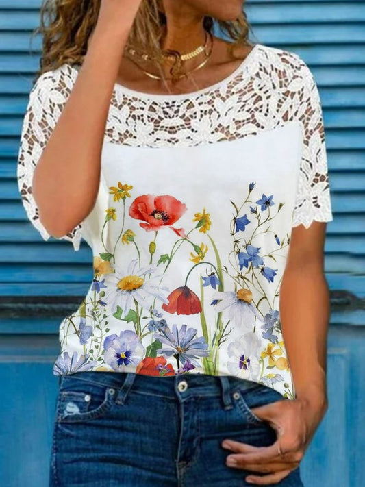 Casual Crew Neck Floral Loose Lace T-Shirt OY91