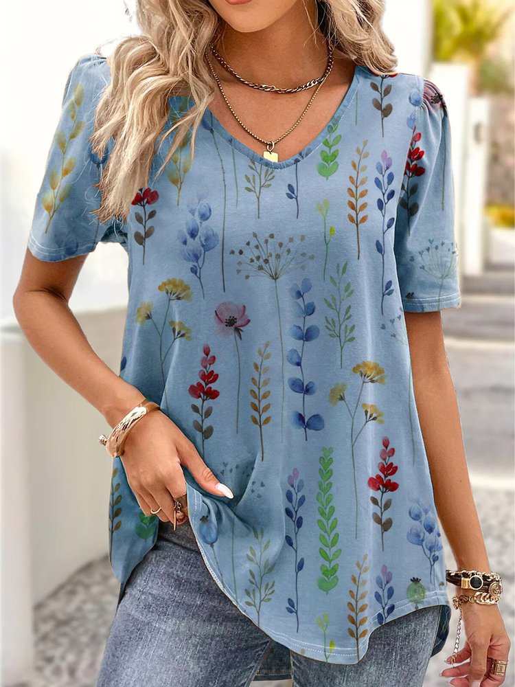 V Neck Casual Loose Floral Shirt  QR63